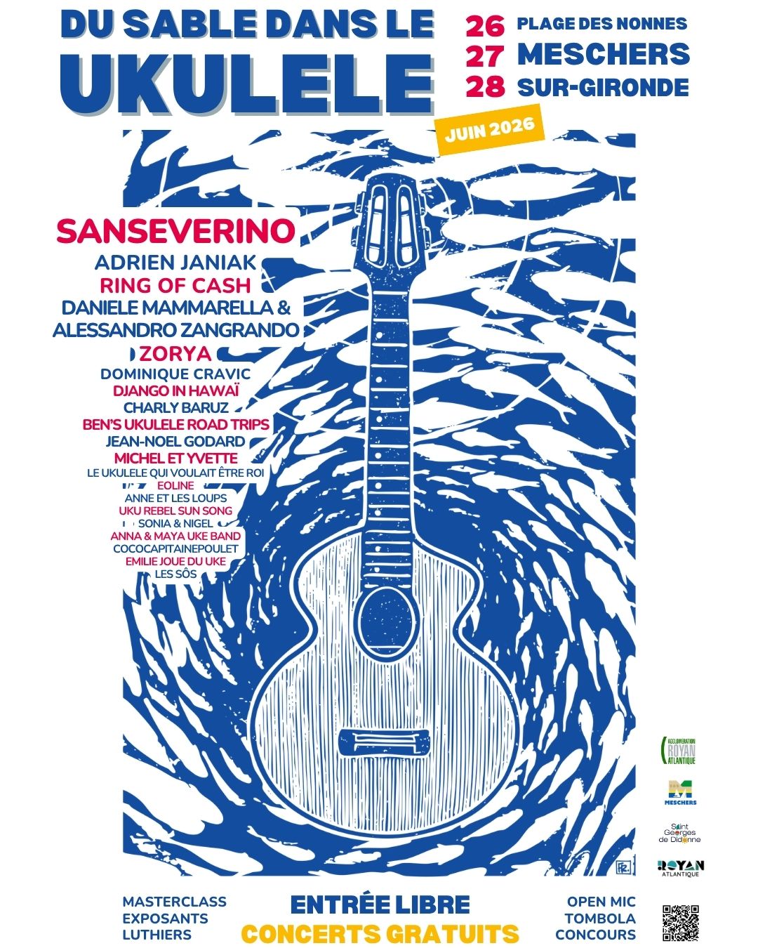Affiche Du Sable dans le Ukulélé — 3e édition, 26-27-28 juin 2026, Plage des Nonnes, Meschers-sur-Gironde